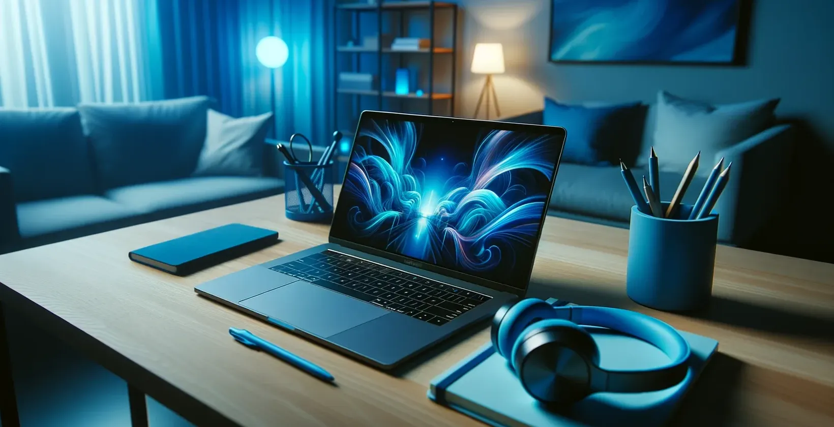 A laptop with blue lighting sits on a wooden desk, ready for speech-file-to-text transcription.