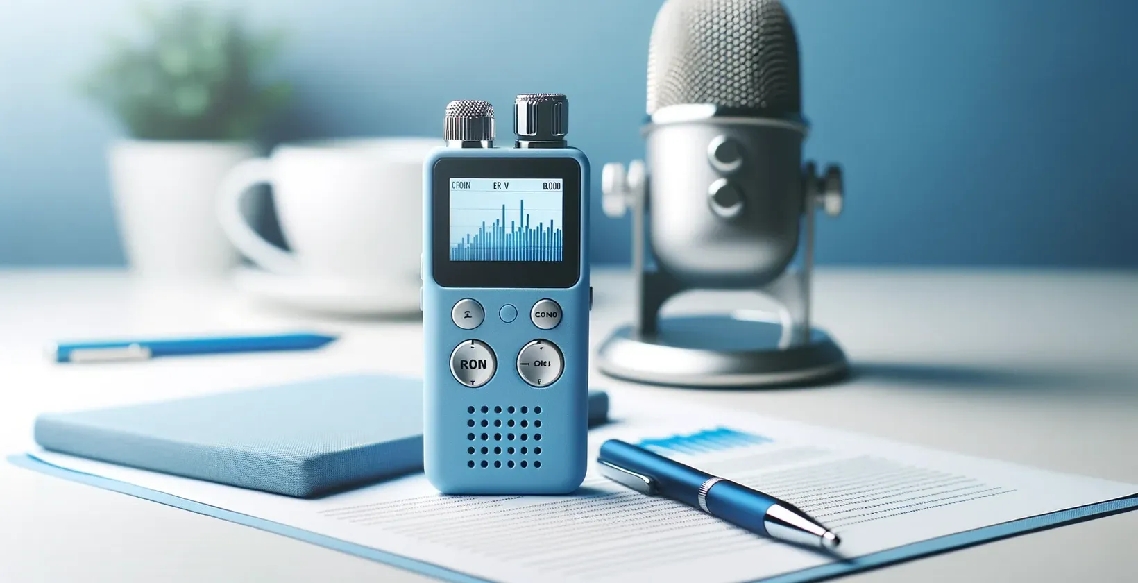 Interview-transcription tools include a digital voice recorder, microphone, and open document with notebook.