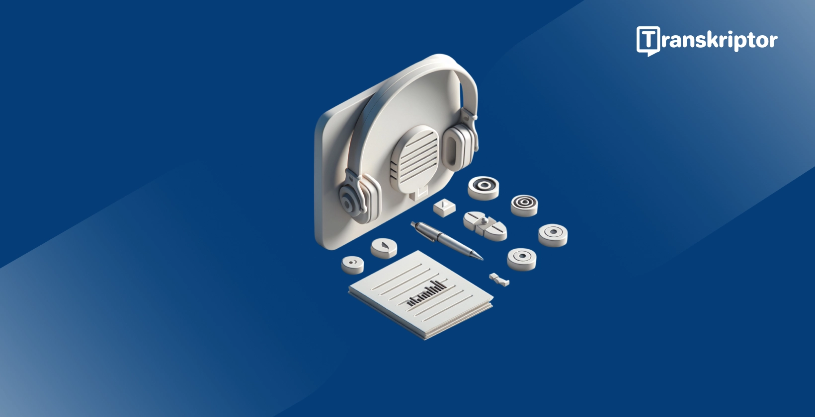 3D 耳机和麦克风设置，带有指示verbatim转录过程和应用的注释。