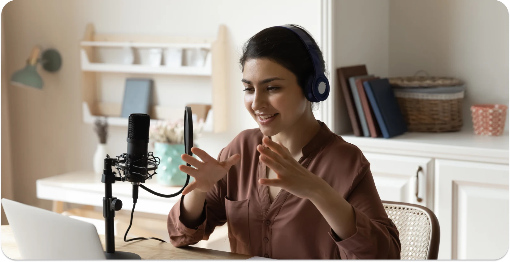 Woman recording voice for audio to text transcription service.