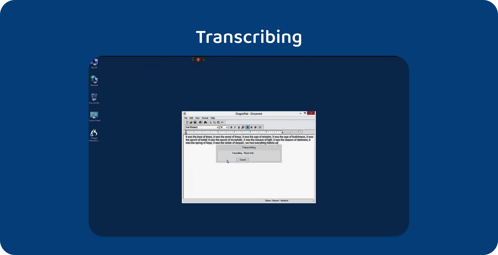 Dragon NaturallySpeaking editor de text care transcrie activ un interviu în curs de desfășurare afișat pe un ecran desktop.