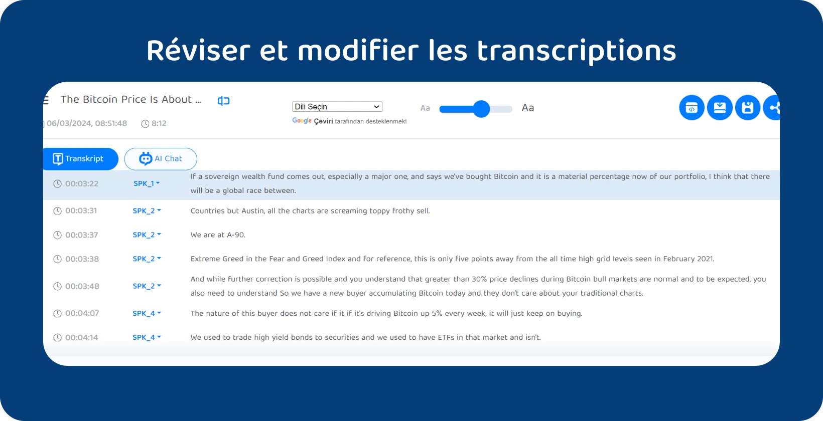 Capture d’écran du panneau d’édition de Transkriptor avec des fonctionnalités de nettoyage et de correction des transcriptions d’entretien.