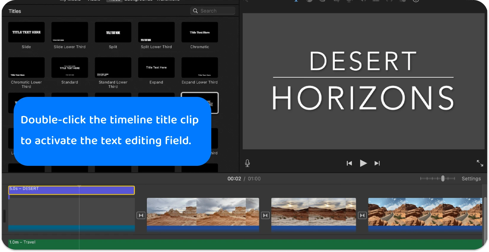 iMovie nosaukumu interfeiss, kas parāda dažādus teksta stilus un formātus profesionālo nosaukumu pievienošanai video projektiem.
