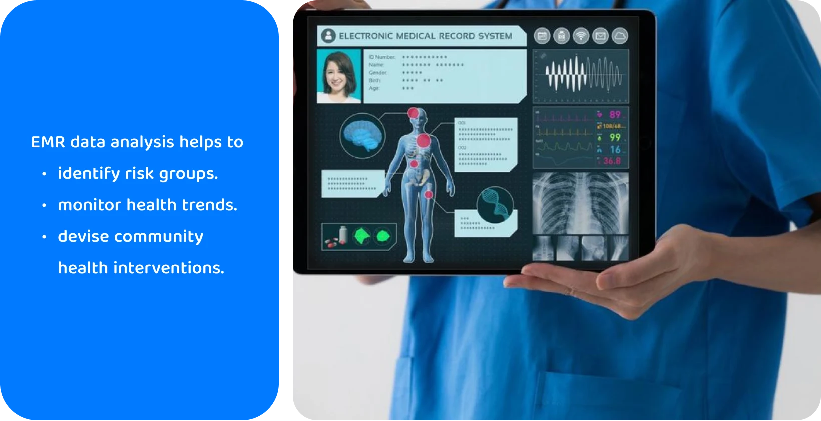 電子カルテシステムを搭載したタブレットを使用して、患者の健康データを分析している医療従事者。