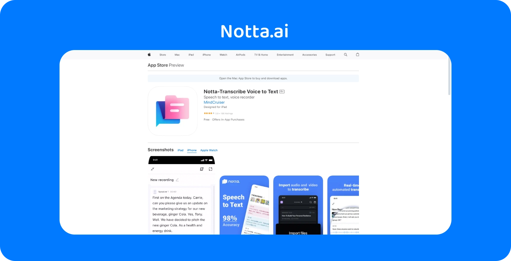 Nota.ai's App Store preview met nieuwe functies voor het converteren van spraak naar tekst met AI nauwkeurigheid getoond.