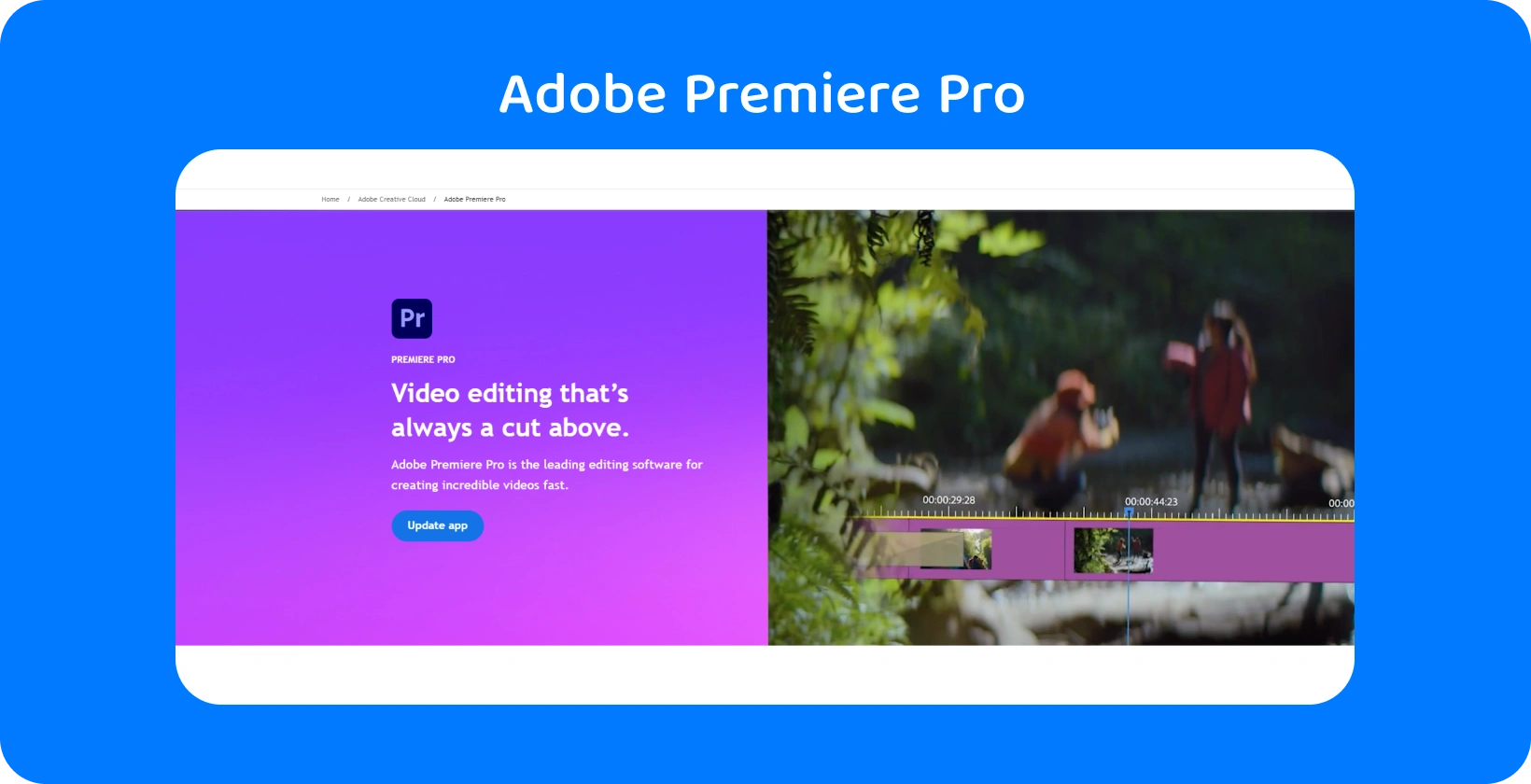 Interface Adobe Premiere Pro affichant ses capacités avancées de montage vidéo, idéale pour des montages rapides et précis.