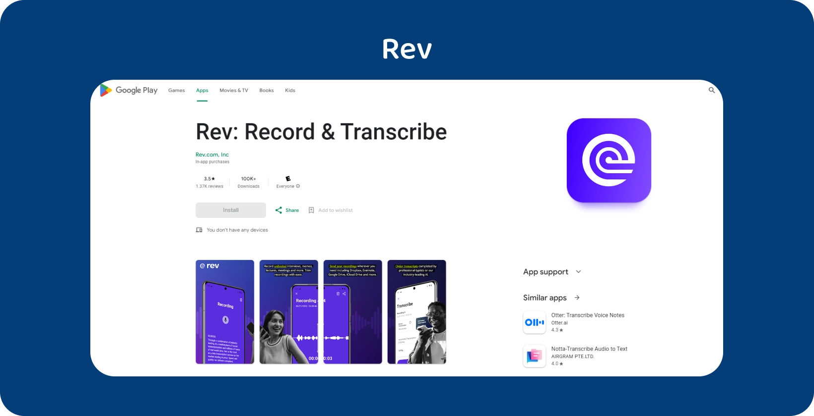 Google Play Store visning av appen Rev, og fremhever funksjoner for opptak og transkripsjon på Android enheter.