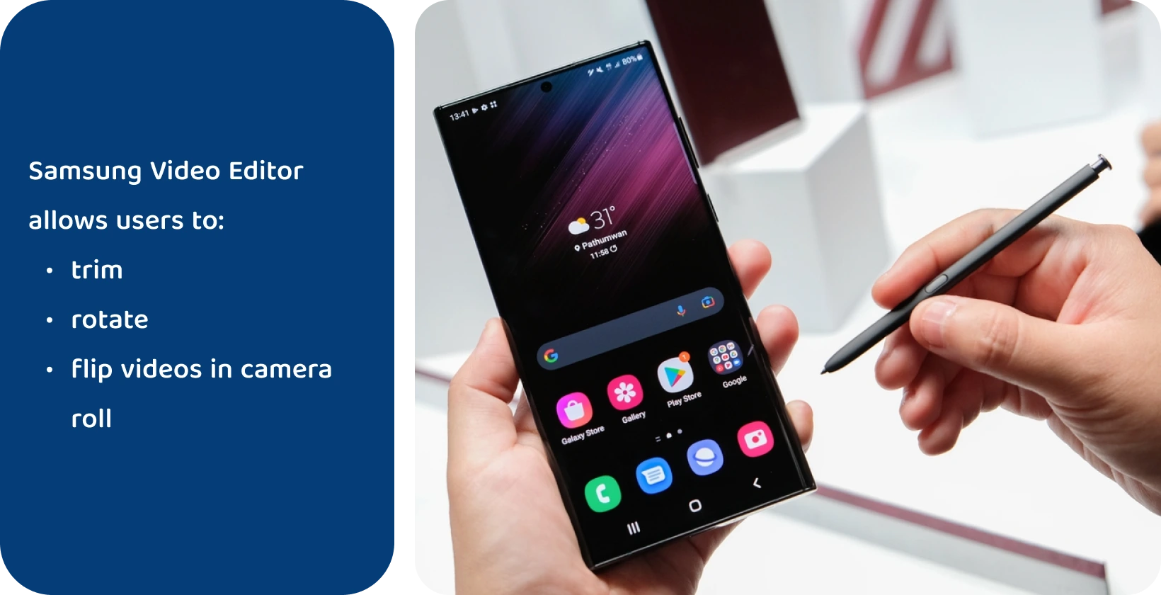 Hoidke Samsungi märkmeseadet S-pliiatsiga käes, mis on valmis ekraanil olevale videole teksti redigeerimiseks ja lisamiseks.