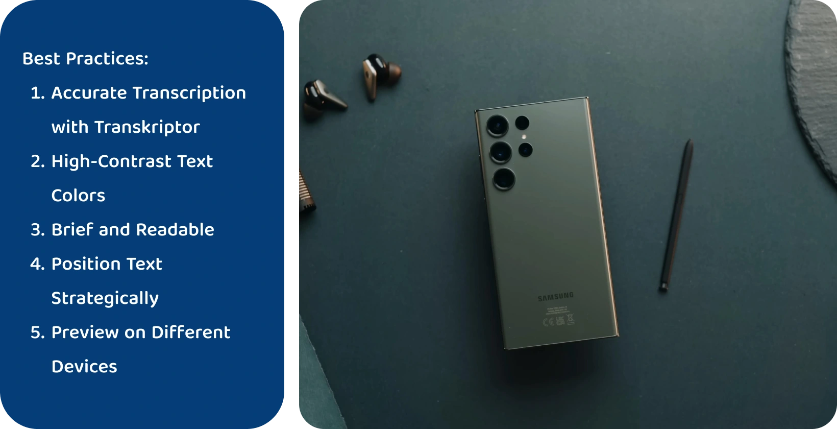 三星智能手机在深色表面上带有 S Pen，说明了视频编辑和文本添加的工具。