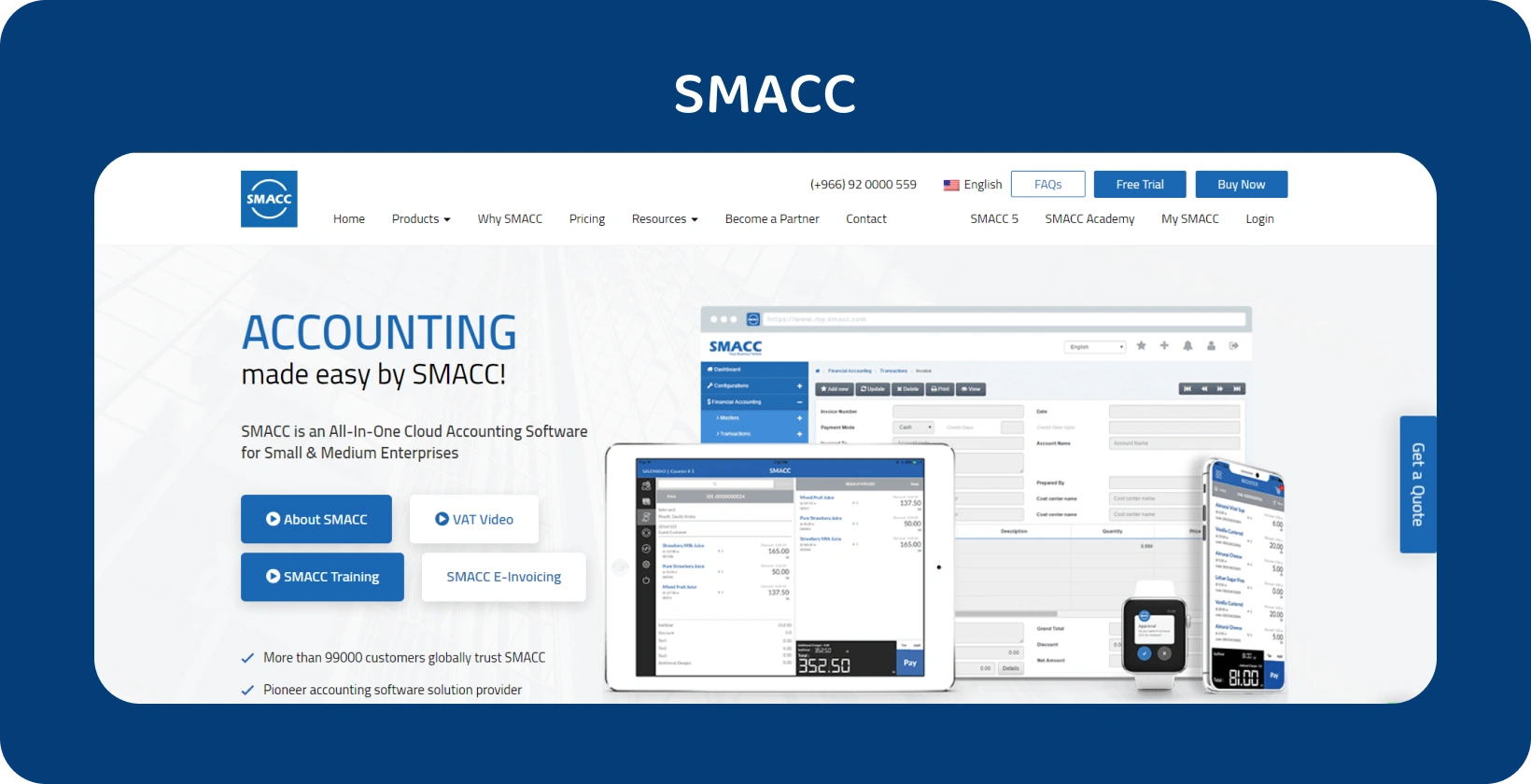 SMACC Software de Contabilidade em Nuvem exibido em vários dispositivos, melhorando a gestão financeira para PMEs.
