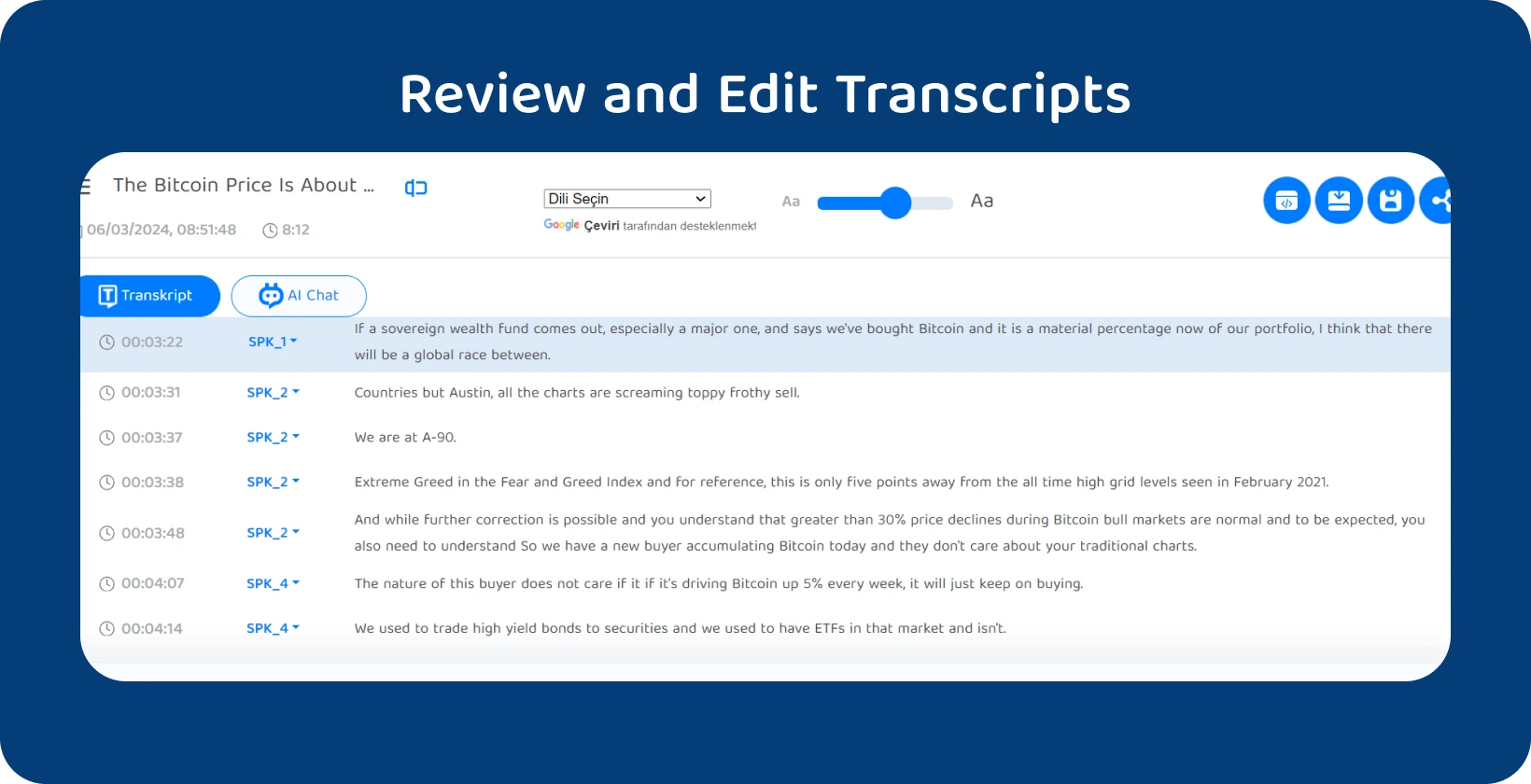Posnetek zaslona plošče za urejanje Transkriptor s funkcijami za čiščenje in popravljanje prepisov intervjujev.