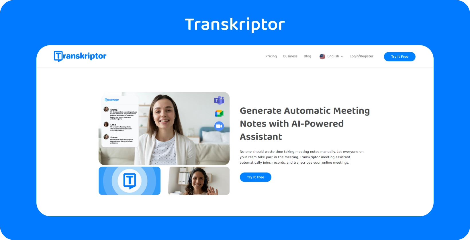Transkriptor landing page displaying audio to text, representing modern text conversion tools.