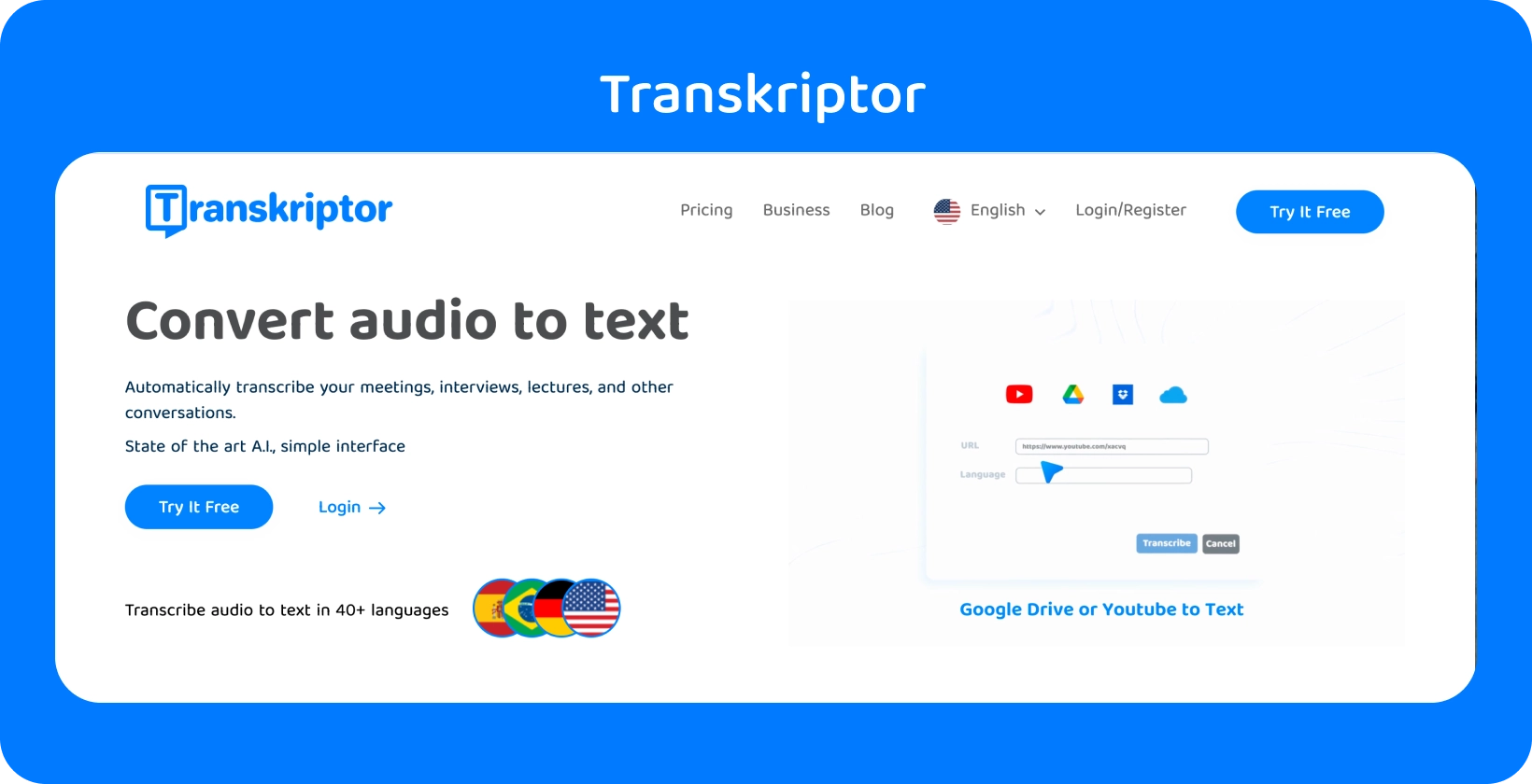 Transkriptor verkkosivulla, jossa mainitaan Muunna ääni tekstiksi -ominaisuus, joka on valmis helppoa transkriptiota varten.