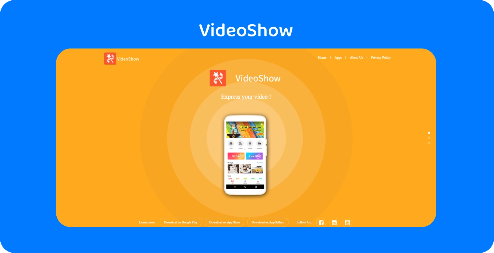 VideoShow alkalmazás felülete a képernyőn, amely egyszerű videószerkesztő eszközöket és funkciókat kínál élénk narancssárga háttéren.