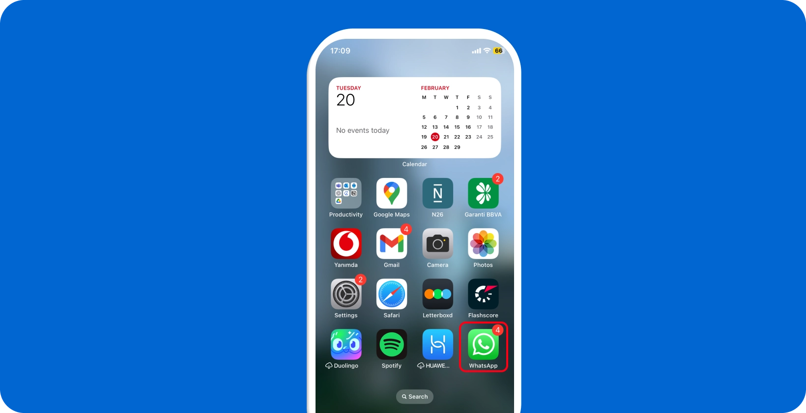 A tela do smartphone exibe WhatsApp ícone com notificações, destacando a prontidão do aplicativo para ditado de voz.