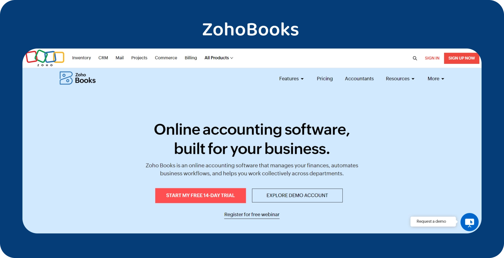 Zoho Books banner na domovské stránce upozorňuje na svůj online účetní software šitý na míru pro zefektivnění operací