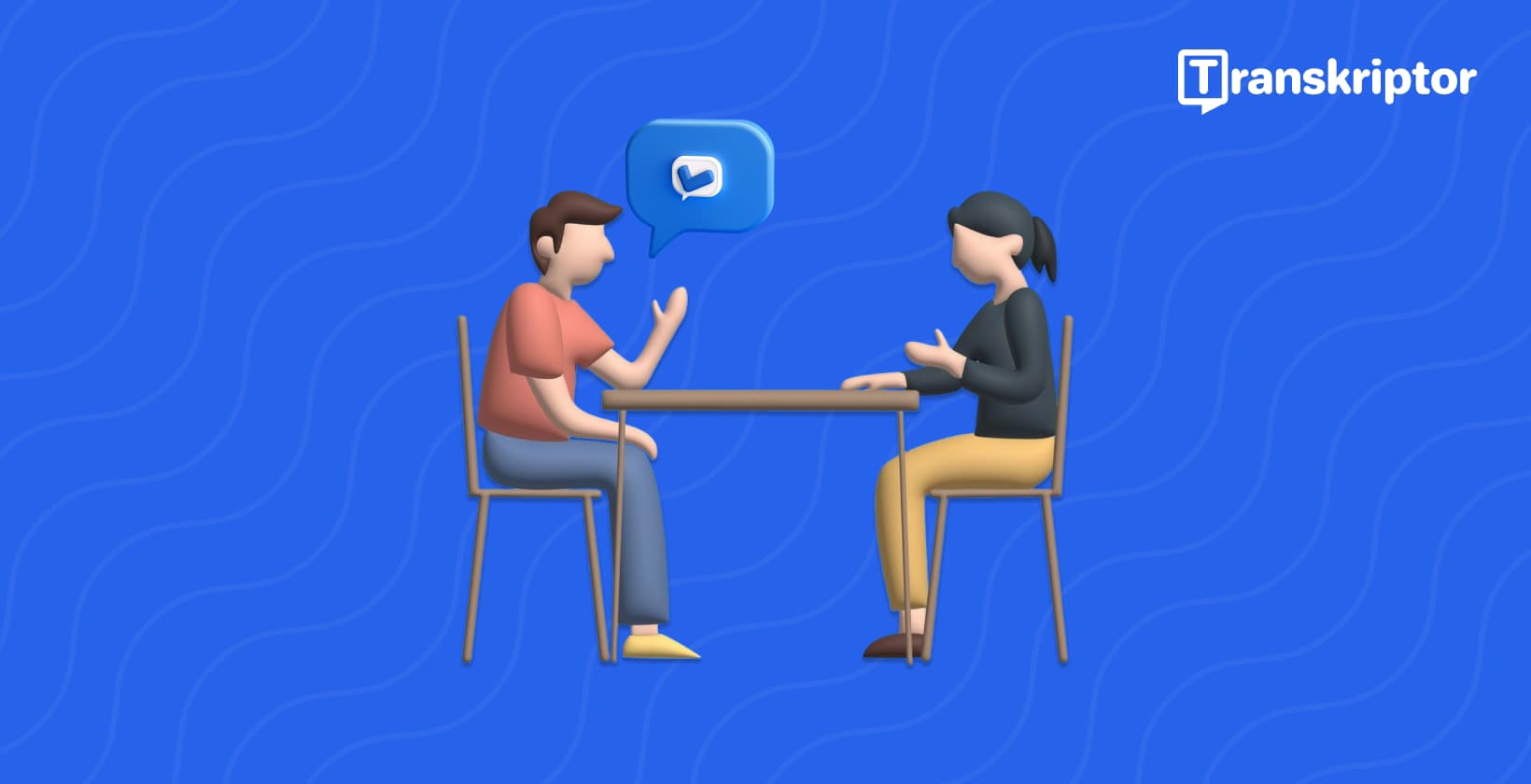 Two people sitting at a table having a conversation, with a speech bubble containing a checkmark icon