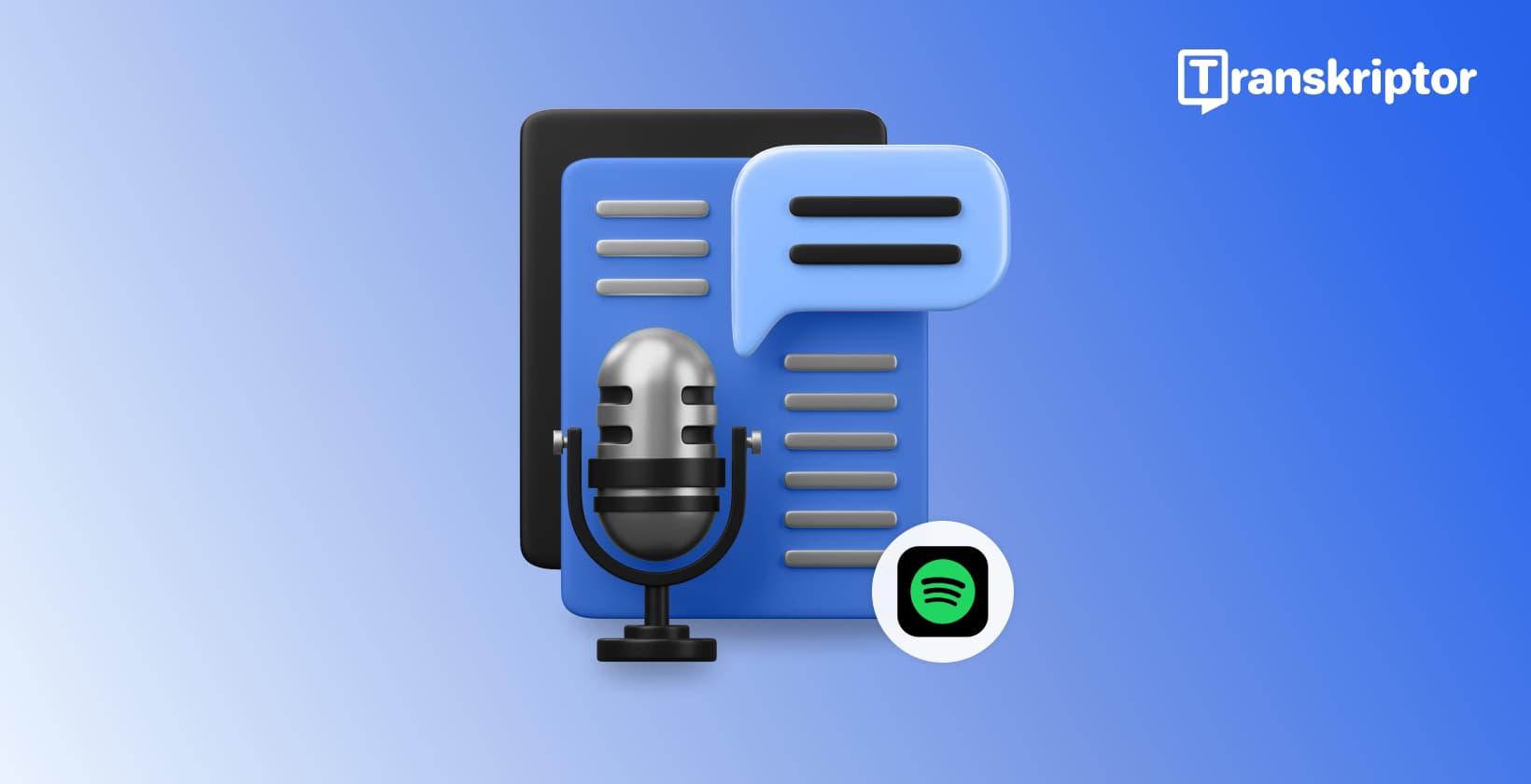 Microphone with Spotify logo and transcription document showing podcast audio conversion to text format.