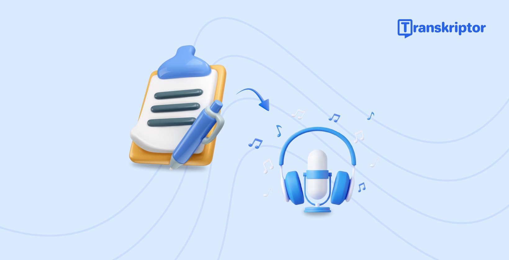 A clipboard with text notes and headphones with microphone on light blue background