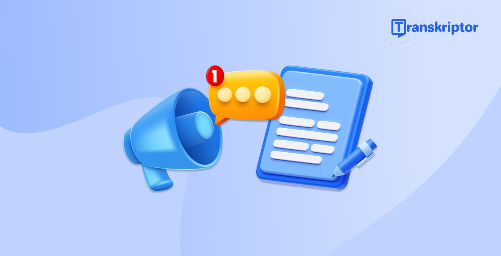 3D illustration showing a megaphone, notification bubble with number one, and document with text lines.