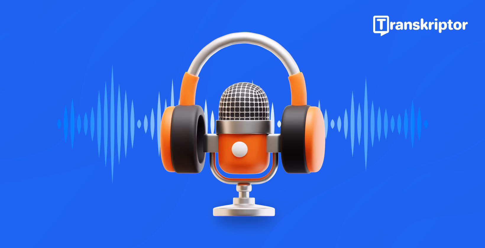 Transkriptor logo with a microphone and headphones against a blue background.