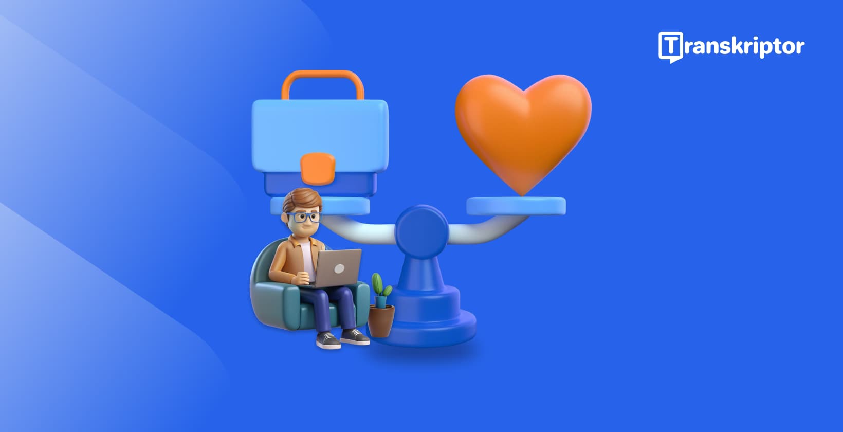 Човек с лаптоп на везна, показваща елементи от работата и компоненти от личния живот в равновесие.