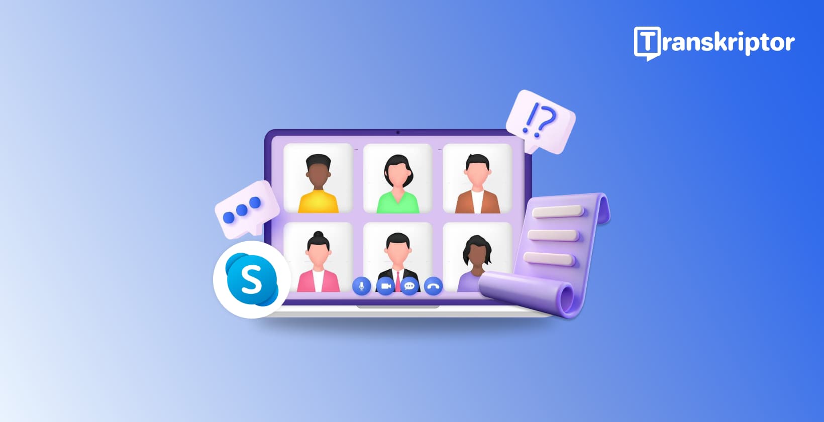 Интерфейс на Skype среща с прозорци на участниците и панел за транскрипция, показващ преобразуване на текста на разговора.