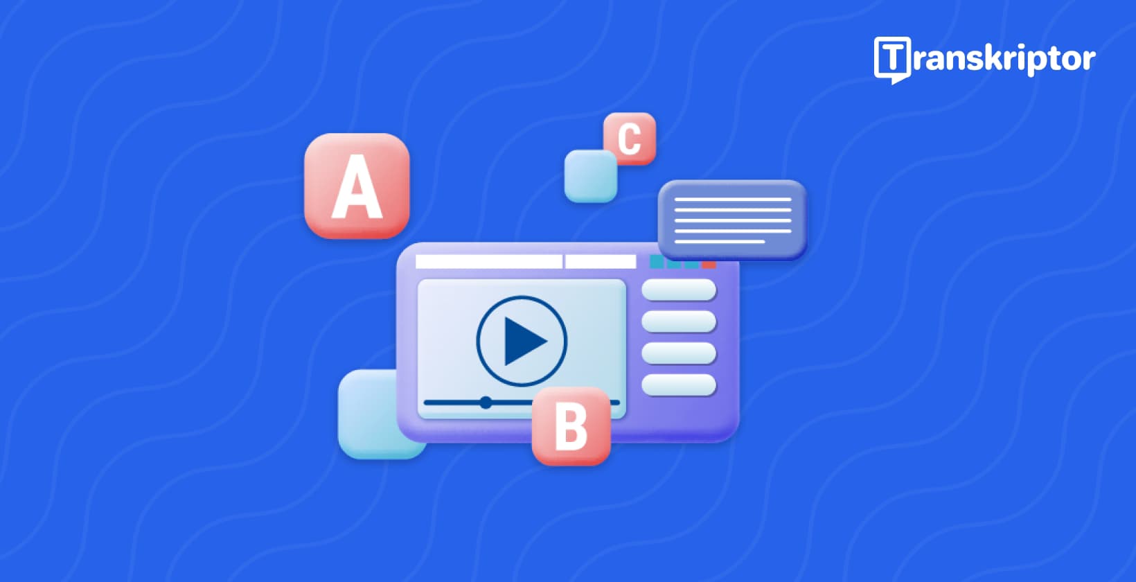 Video-Player-Oberfläche mit Buchstabenblöcken und Untertitelsteuerung auf blauem Hintergrund.