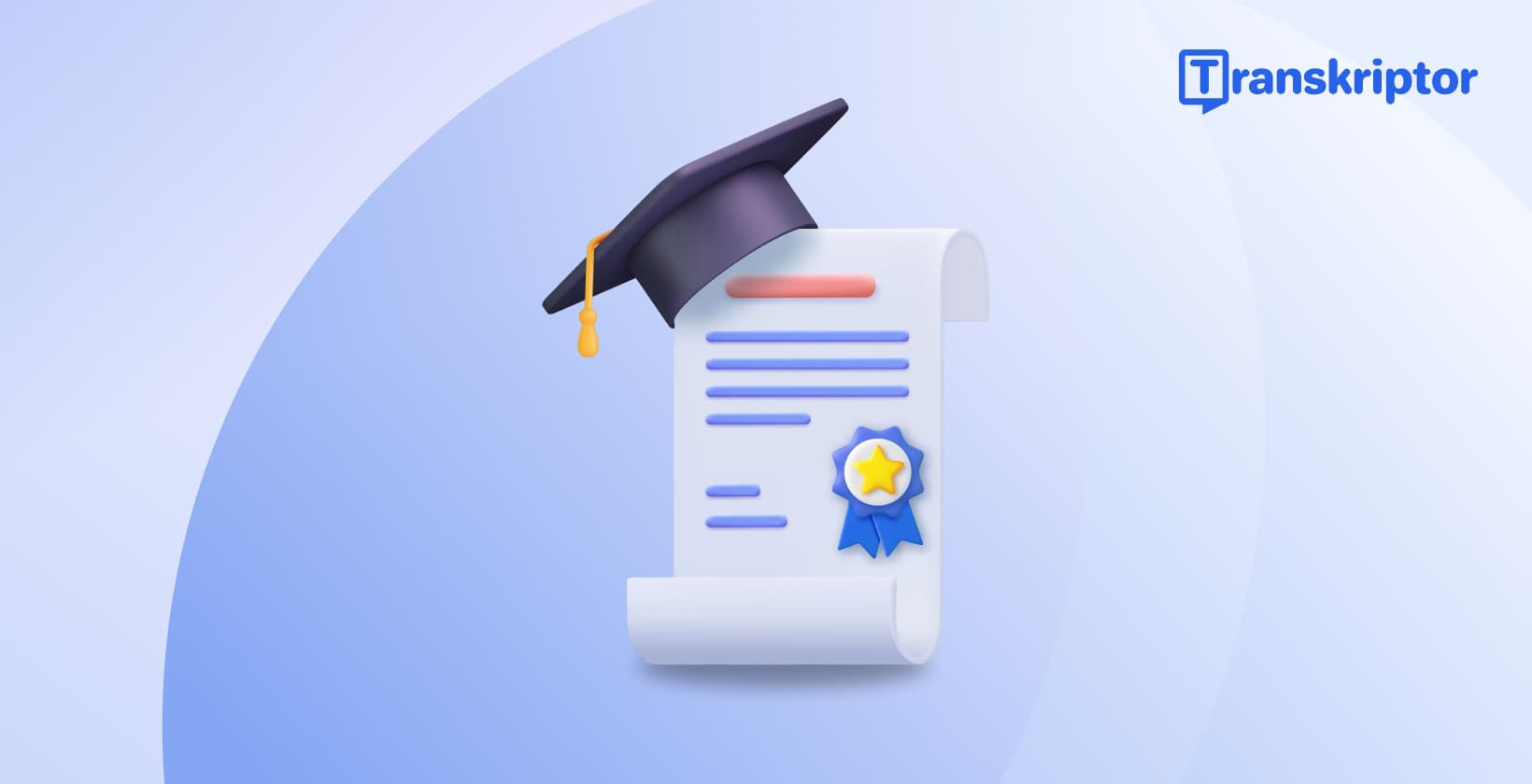 Ilustración 3D de un diploma con birrete y logo de Transkriptor sobre fondo azul.
