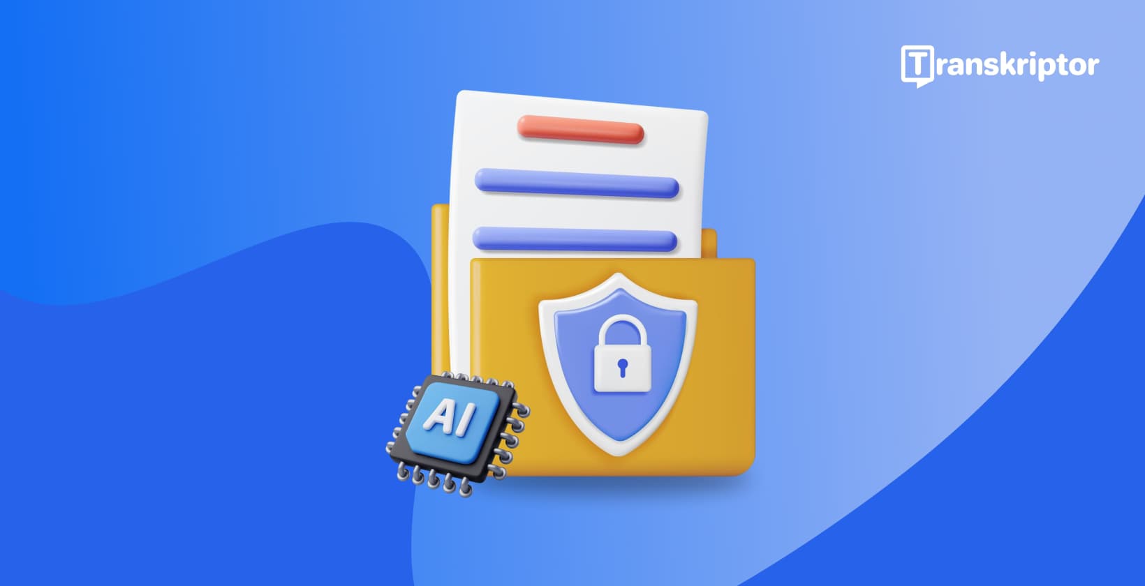 Carpeta de documentos con escudo de seguridad y procesador IA mostrando datos de transcripción protegidos en entorno seguro.