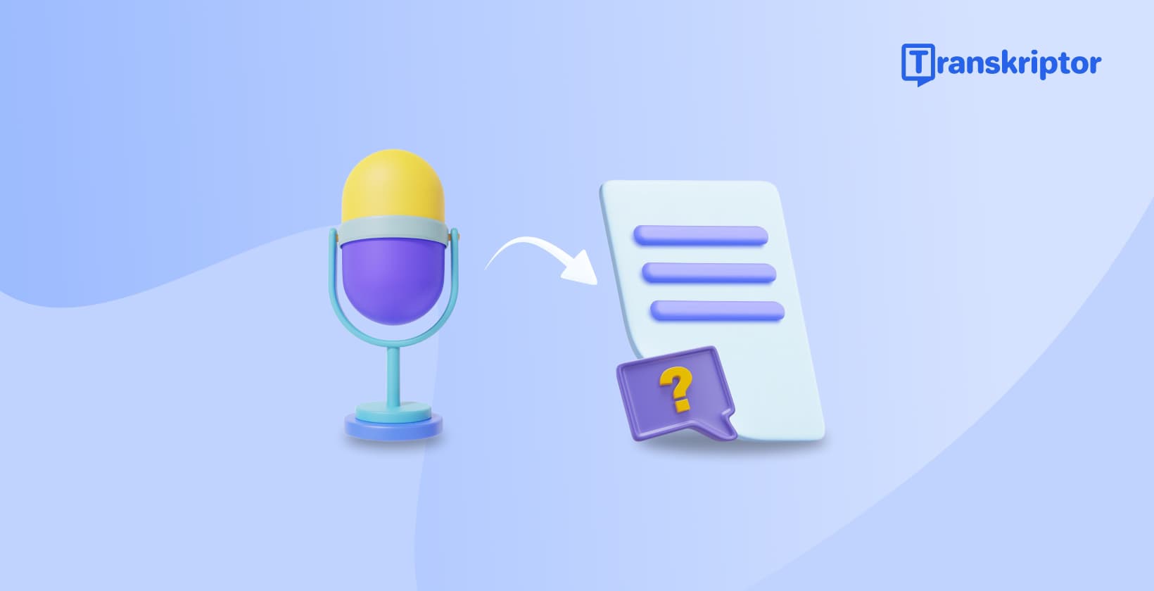 Ilustración 3D que muestra un micrófono conectado a un documento de texto con un icono de signo de interrogación