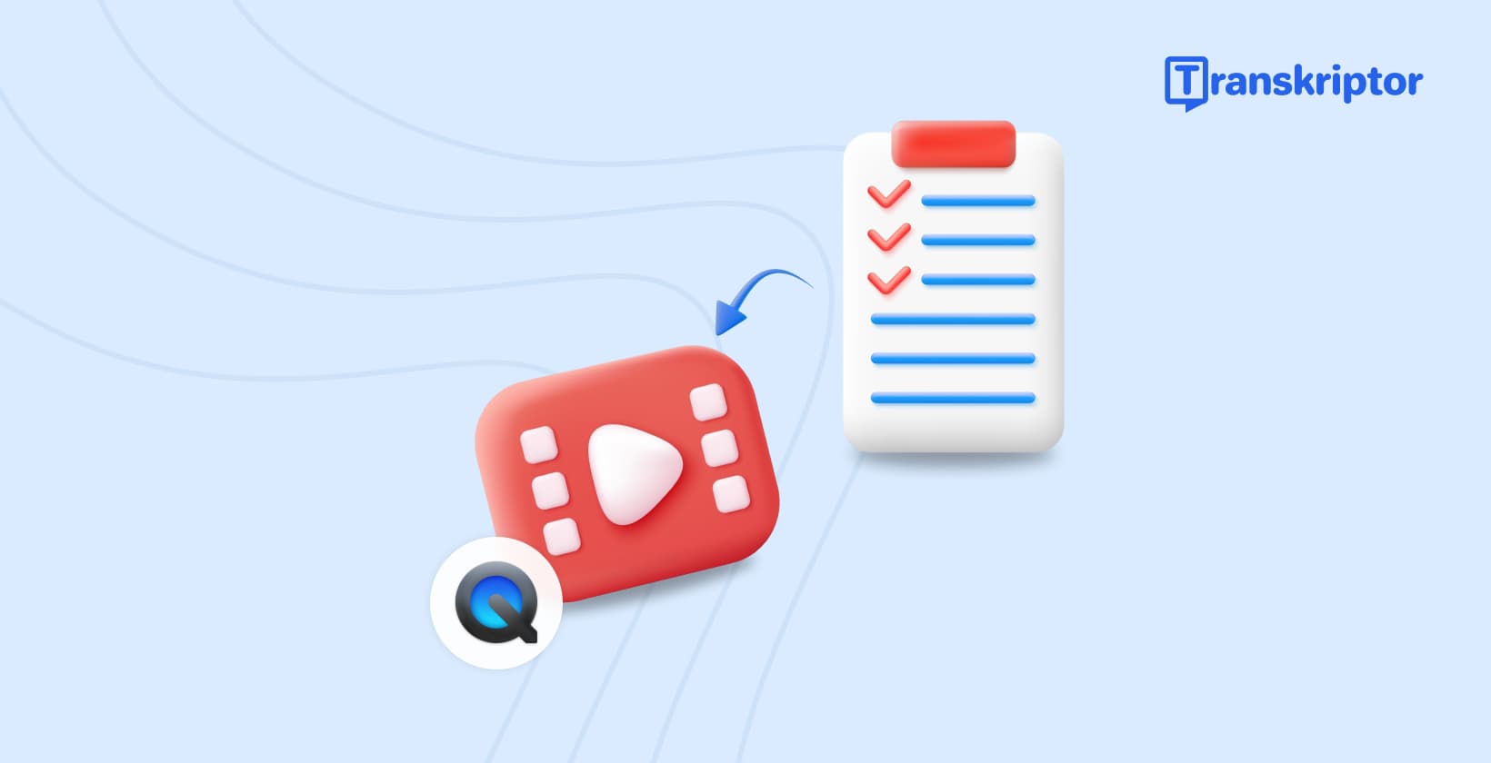 Illustration 3D montrant une icône de lecteur vidéo connectée à une liste de contrôle sur fond bleu clair