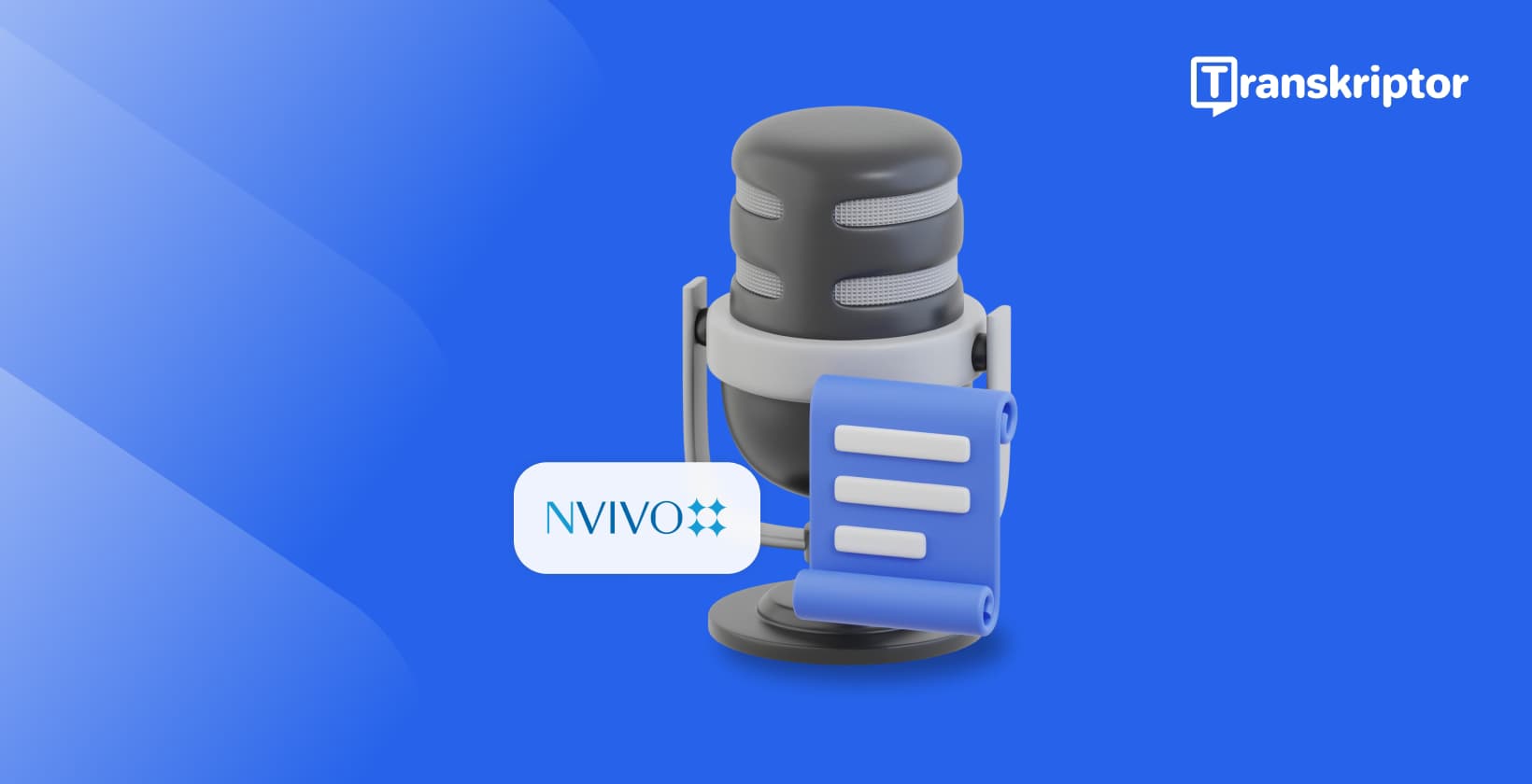 माइक्रोफोन के साथ NVivo इंटरफेस जो ऑडियो ट्रांसक्राइब फंक्शनैलिटी और ट्रांसक्रिप्टर प्लेटफॉर्म के साथ एकीकरण दिखा रहा है।