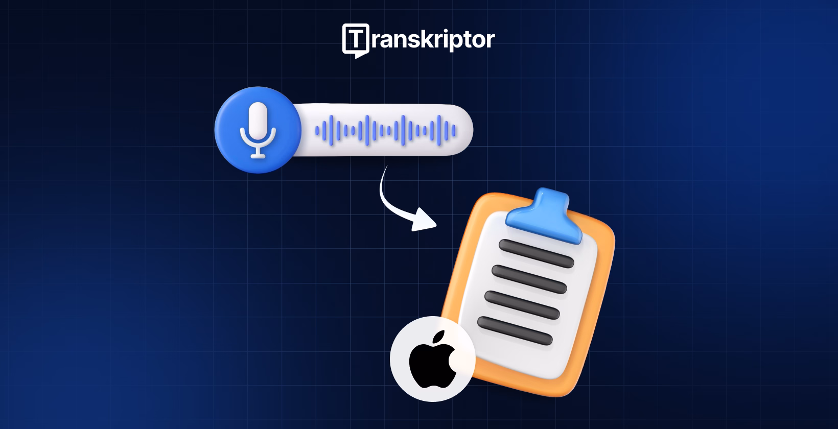 Logo Transkriptor dengan ikon memo suara yang dikonversi menjadi teks di iPhone.