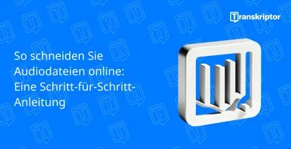 Eine digitale Anleitung zum Online-Zuschneiden von Audiodateien mit einem Logo mit abstrakten Buchformen.