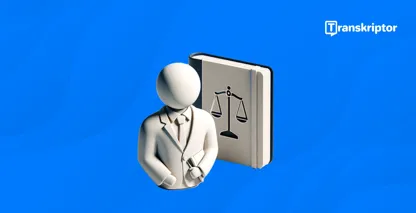 Programska oprema za diktiranje za odvetnike vodi leta 2024, figura pa drži knjigo, ki simbolizira zakon.