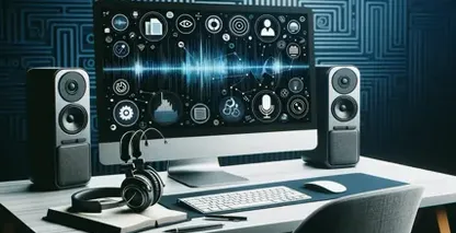 विभिन्न ऑडियो और प्रतिलेखन विकल्प प्रदर्शित करने वाले कंप्यूटर मॉनिटर के साथ कार्यस्थान