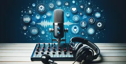 Podcast átiratot ábrázoló vibráló mikrofon, fejhallgató, keverőpult kijelző podcasting ikonokkal kék háttéren.