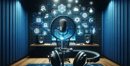 Mikrofon, kulaklık, ses tahtası ve ışıklı ses teknolojisi sembolleri ile sesten metne transkripsiyon stüdyosu