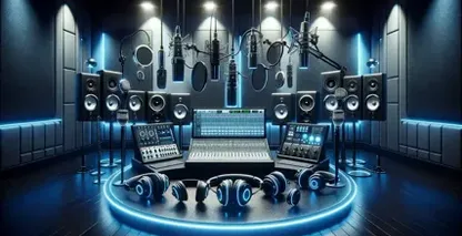 Matériel de dictée symbolisant le studio d'enregistrement de pointe de 2023 avec micros, tables de mixage