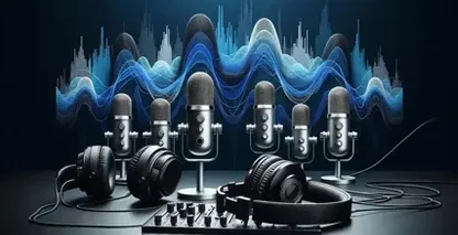 Software de transcrição para vários alto-falantes representados por microfones e fones de ouvido de alta tecnologia em meio a ondas sonoras dinâmicas