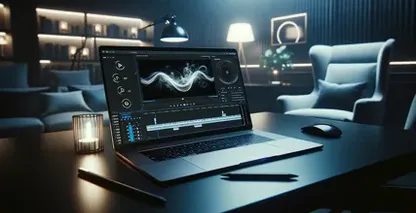 Εφαρμογές για την προσθήκη κειμένου σε βίντεο που εμφανίζεται σε έναν κομψό χώρο εργασίας με φορητό υπολογιστή, κυματομορφές και αμυδρό ντεκόρ