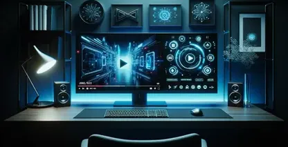 Software de conversão de vídeo em texto para PC num espaço de trabalho com gráficos dinâmicos, arte, altifalantes e iluminação ambiente