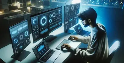 Přepisovací software naznačený osobou pracující dlouho do noci, monitory zobrazující pokročilé průběhy a data