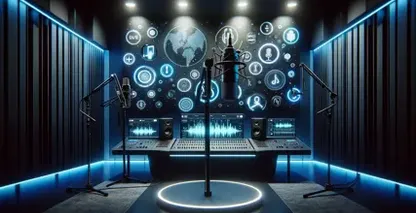 माइक और ऑडियो प्रतीकों के प्रदर्शन के साथ एक स्टूडियो में वॉयस टू टेक्स्ट कनवर्टर का उदाहरण दिया गया।