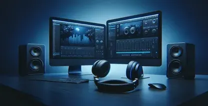 MP4 на текстуална сцена прикажува сино-осветлена домашна канцеларија со лаптоп на бела маса, откривајќи софтвер за аудио уредување.