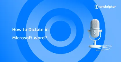 A modern microphone set against a blue background, symbolizing voice dictation features in Microsoft Word.