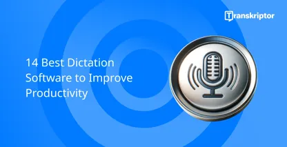 Blue vintage microphone with transcription text representing voice dictation services.