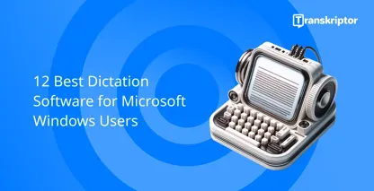 Dictation software for Windows users with a vintage microphone and typewriter, symbolizing voice typing.