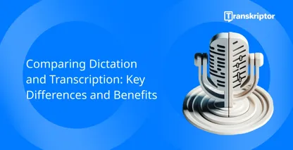 Differences of dictation vs. transcription, with a microphone and sound waves for audio processing.